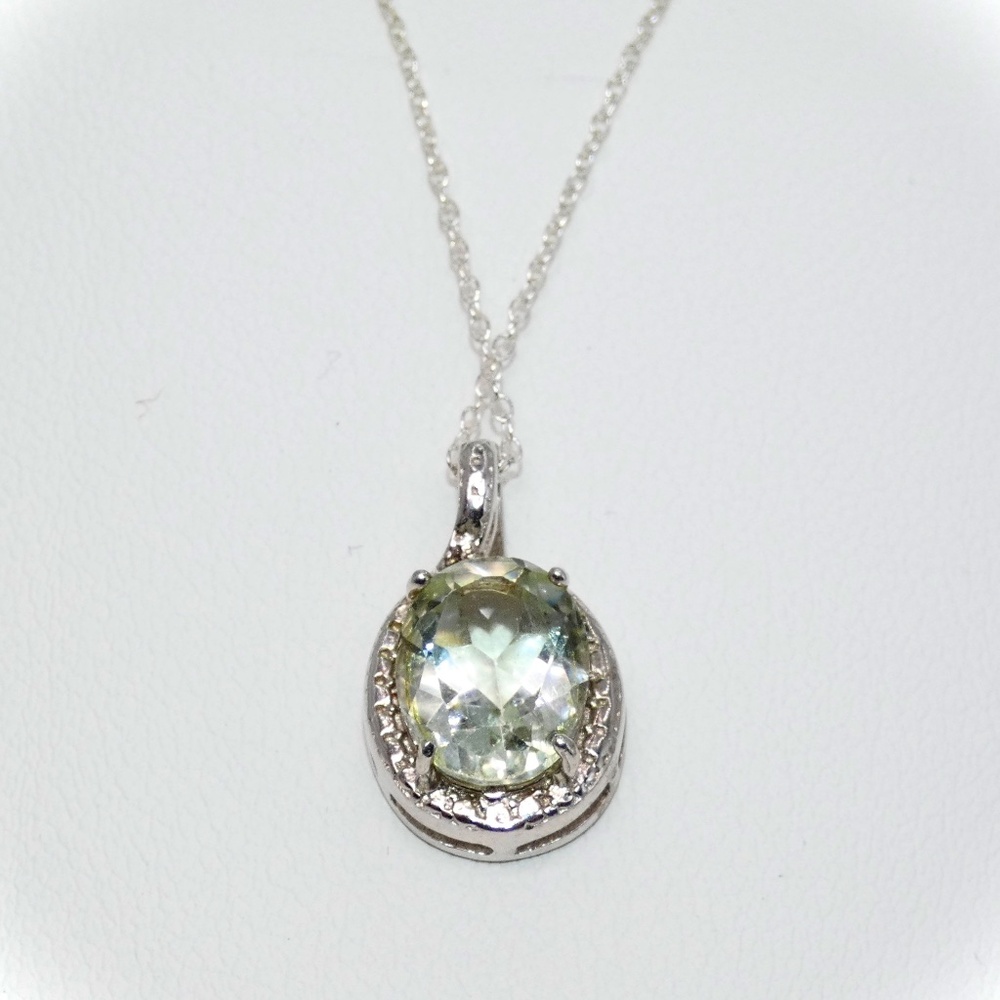 Vintage Green Amethyst & Diamond Sterling Silver Necklace on Sterling 18” Chain